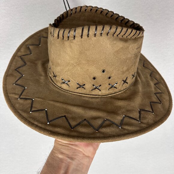 TAN SUEDE LEATHER COWBOY HAT WITH BRAHMA BULL LOGO AND FLAT TUBE TRIM NWOT - Picture 3 of 6